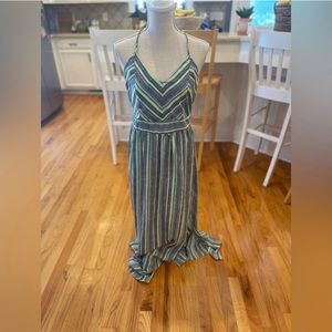 Alya blue green white and black strappy open back geo maxi dress